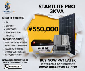 alt="Startlite Pro Solar Bundle 3kVA Nigeria"
alt="300W solar panel Lagos installation"
alt="150Ah Gel battery solar system Nigeria"
